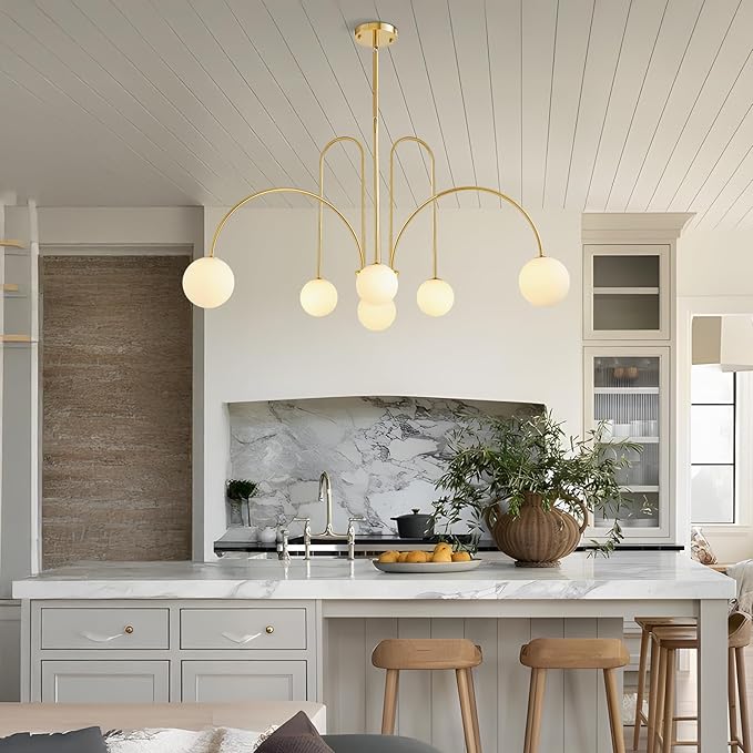 Modern Gold Sputnik Chandelier 6-Light Mid Century Chandelier for Dining Room with Milky Glass Globe Brushed Brass Ceiling Pendent Light Fixture for Living Room Kitchen Island Foyer Bedroom