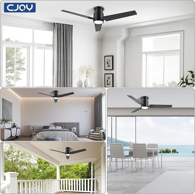 CJOY Ceiling Fan with Lights, 48 Inch Low Profile Ceiling Fans with Light and Remote, Reversible DC, Flush Mount, 3CCT,Dimmable, Modern Indoor/Outdoor Design for Bedroom, Living Room, Patio, Kitchen