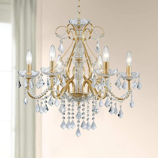 Bestier Gold Vintage Candle Chandelier Crystal Lighting Fixture Lamp for Dining Room Bathroom Foyer Livingroom 6 E12 Bulbs Required D24 in x H26 in
