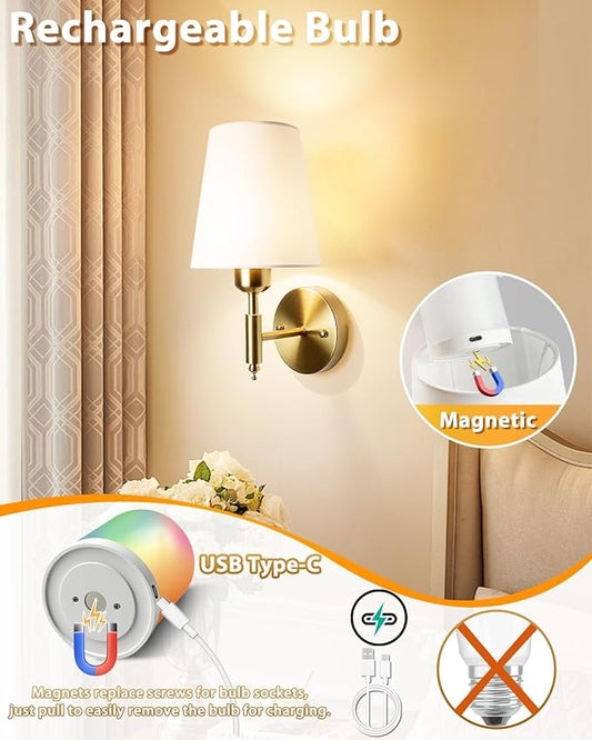 Adetu Battery Operated Wall Sconces Set of Two, Gold Rechargeable Wall Lights with 10000mAh RGB Rechargeable Magnetic Bulb, Battery Wall Sconce with Remote Control for Bedroom Decor