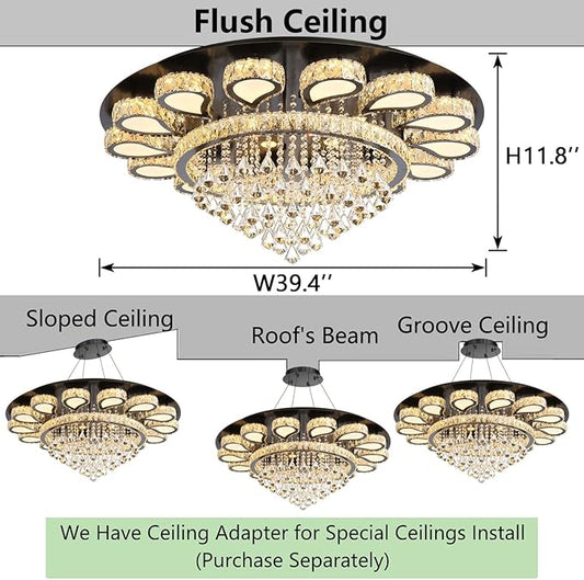 HAIXIANG Glam Crystal Chandelier for Living Room Dining Room Lights Sloped Ceiling Light Fixtures Luxury Modern Remote Dimmbale Lighting Black 40 Inches