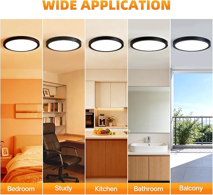 12 Inch 6Pack Super Slim Flush Mount Ceiling Light Fixture,24W 3200LM Dimmable 5CCT Selectable 2700K-5000K Round Light Fixture for Living/Bedroom,Kitchen/Bathroom,Porch &All Indoor Spaces Black