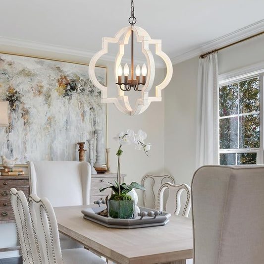 22" Oak Distressed White Chandeliers for Dining Room Farmhouse Wood Pendant Lights Kitchen Island 4-Light Orb Lantern Cage Ceiling Hanging Light Over Table for Entryway Foyer Living Room Bedroom