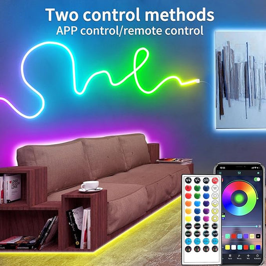 segrass 100FT RGB LED neon Rope Lights LED neon Lights with Remote/APP Control 24V IP65 Waterproof Flexible Neon LED Strip Lights for Bedroom Room Outdoors Decor(2 Rolls of 50ft)