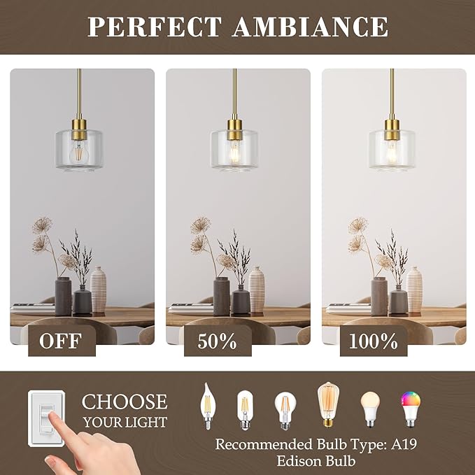 Brushed Gold Pendant Lights Kitchen Island, 1-Light Modern Clear Glass Hanging Light Fixtures with Rods, Mini Kitchen Pendant Lighting Over Island for Sink Bathroom, OS-YQ8153-1PBGC