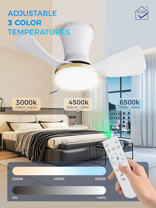 LANMEL 22 Inch Flush Mount Ceiling Fan with Light and Remote, Low Profile Modern Ceiling Fan, 6 Speed, Reversible, 3000k-6500k Dimmable LED, Quiet DC Motor for Indoor Outdoor, White Gold
