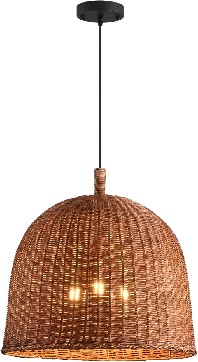 HUEHENGHAO 3-Light Dark Brown Rattan Pendant Light, 13.78" Basket Chandelier Farmhouse Wicker Pendant Light, Basket Wicker Chandelier for Dining Room Kitchen Island Living Room Famhouse