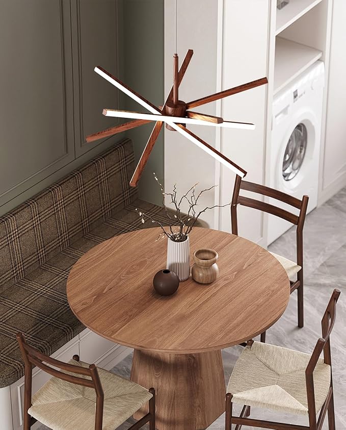Modern Sputnik Chandelier Ceiling LED Black Pendant Light Embedded Mount Chandeliers Dining Room Light Fixtures Over Table Dimmable with Remote Control for Living Room Kitchen Bedroom (Wood Color)