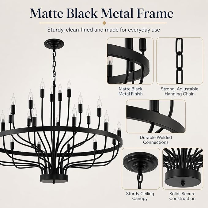Shandaglo Large Black Chandelier 24-Light, Round 3-Tier Wagon Wheel Fixture, 39 in Farmhouse Candle Pendant with E12 Base for Dining Room, Foyer, Living Room, Hallway, High Ceiling
