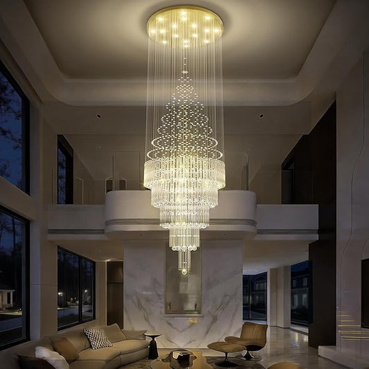 Flashing God D40 x H110 Gold Raindrop Crystal Chandelier LED Dimmable Contemporary Chandelier Large Pendant Light for Entryway Stairway Foyer