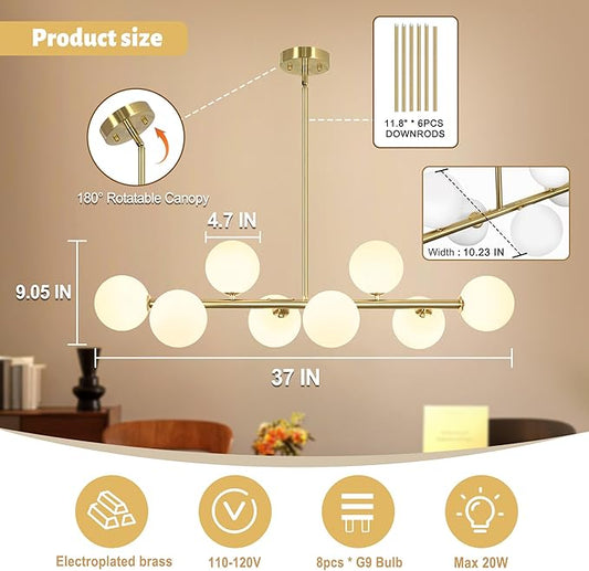 Mid Century Linear Chandeliers for Dining Room, 8-Light Modern Sputnik Chandeliers 37" Gold Chandelier Dining Room Light Fixture White Glass Globe Chandelier Island Lights, Electroplated Brass
