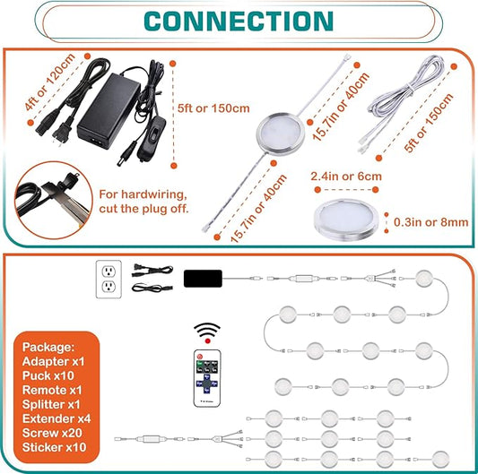 Round LED Puck Lights, Liquor Under Cabinet Accent Light Kit, 110 Volt Hard Wire & Plug in, Daisy Chain Linkable, Wireless RF Remote Control Dimmable, White Cords, Warm White, 10 Lights