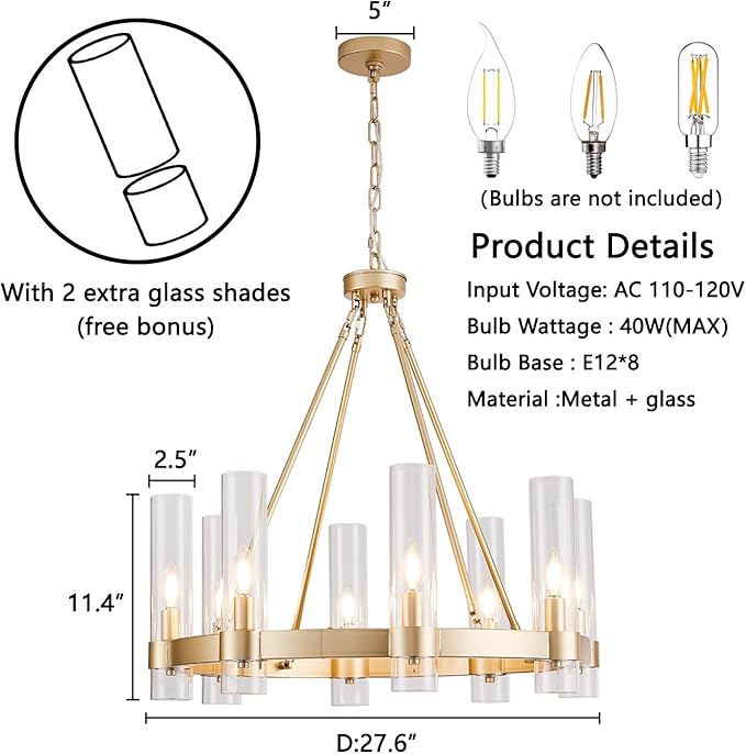 Wagon Wheel Chandelier 8-Light Glass Pendant Light, Industrial Modern Golden Pendant Light, Suitable for Living Room Lighting Fixtures, Dining Rooms, Halls, Lobbies, Bedrooms