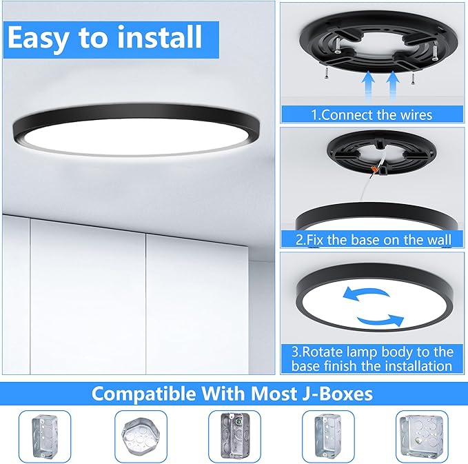 Flush Mount Ceiling Light Fixtures,12inch Flat led Light for Ceiling,6500K 3200LM Ultra Thin Round Black Lamp for Bedroom Kitchen,Bathroom,Garage,Living Room, Dining Room - 2PCS