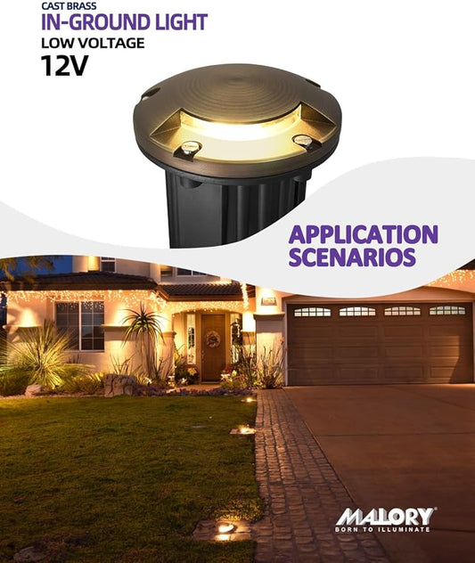MALORY Brass Top Cover Landscape Well Lights,(5‘’H) 12V Low Voltage Outdoor In Ground Lights,5W Landscape Lighting for Pathway, Driveway and Garden (One-Direction Turret, 10-Pack with Bulb)