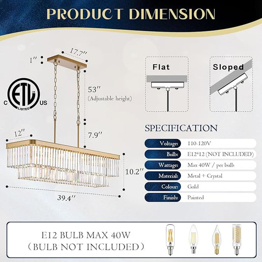 Rectangle Crystal Chandelier L40” 12 Lights Modern Gold Rectangular Long Chandeliers Luxury K9 Ceiling Pendant Light for Kitchen Island Dining Room Living Room Bar