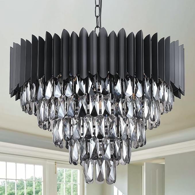 A AXILIXI Black Crystal Chandeliers,Contemporary 24'' Modern Ceiling Lights Fixtures Flush Mount Pendant Light 12 Lights 5-Tiers K9 Large Hanging Lamp for Entryway Dinning Room Living Room Bedroom