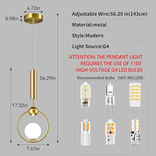 Modern Globe Glass Pendant Light fixtures 1-Light, Simplicity Gold Pendant Lighting, Mid Century Chandelier for Kitchen Island Dining Room Bedroom Entryway Hallway(1-Pack)