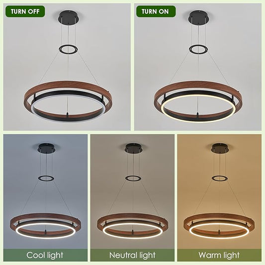 Benkut Modern LED Chandelier Circular Farmhouse Red Walnut Color, Dimmable LED Pendant Light with Remote Ring Chandelier Dining Room Light Fixtures for Kitchen Island Living Room Entryway, D23.6