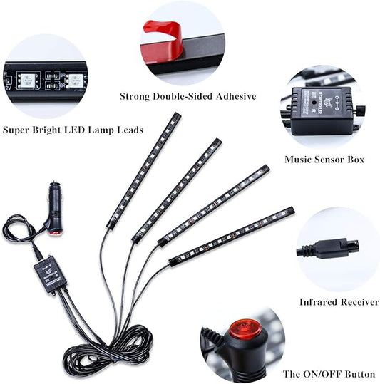 LivTee Car Led Interior LightsοΌ4pcs 48 LED Multicolor Music Car Interior Accessories Under Dash Lighting Waterproof Kit with Sound Active Function and Wireless Remote Control, Car Charger Included