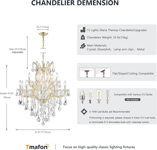 Modern Gold Chandelier Light Fixture - Large Maria Theresa Crystal Chandeliers for Dining Room, Kitchen Island, Living Room, Bedroom, 15 Lights, 2 Layers
