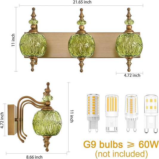 Vintage Green Bathroom Vanity Light Fixtures, Antique 3 Lights Bedhroom Wall Sconce Lighting Brass Finish with Crystal Glass Shade,Victorian Vanity Lighting
