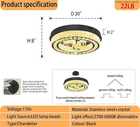 20'' Black Modern Crystal Chandelier LED Dimmable Flush Mount Crystal Ceiling Light for Living Room Bedroom Dining Room