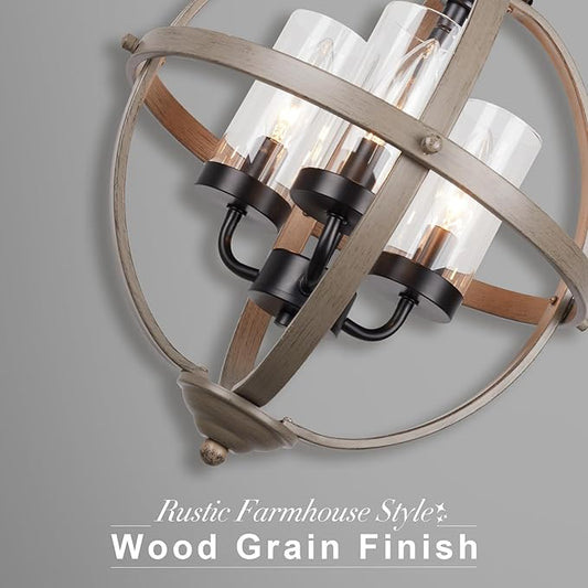 Farmhouse Chandelier, 14" Industrial Rustic Globe Sphere Orb Chandelier Wood Grain, 3-Light for Dining Room Entryway Kitchen Island Foyer