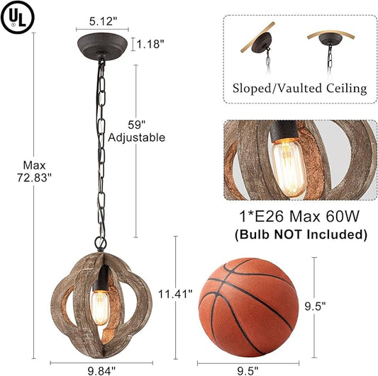9.84" Modern Farmhouse Wood Pendant Lights Kitchen Island Small Orb Distressed Oak Pendant Light Rustic Ceiling Hanging Light for Kitchen Over Sink Hallway Entryway Foyer Adjustable Chain E26