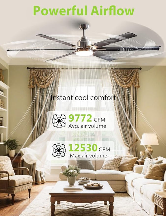 72-Inch DC Motor Ceiling Fan with LED Light, 6 Black Aluminum Blades, Remote Control, Reversible, Energy Efficient Large Indoor/Outdoor Ceiling Fan for Living Room, Patio