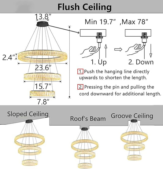 HAIXIANG Modern Glam Chandelier Crystal LED Remote Rings Chandelier Adjustable Hanging Ceilings Pendant Lights Fixture Black 8"+16"+24" Rings Lighting