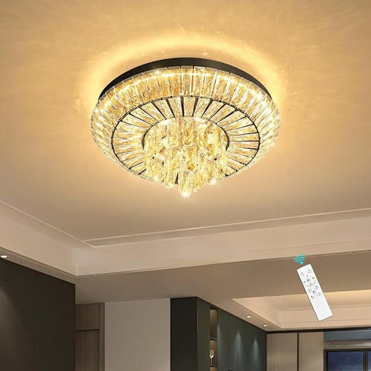 Crystal Chandelier 40W Modern Round Ceiling Light Fixture LED Raindrop Chandeliers Dimmable with Remote for Dining Room Living Room Entryway Hallway Bedroom Black