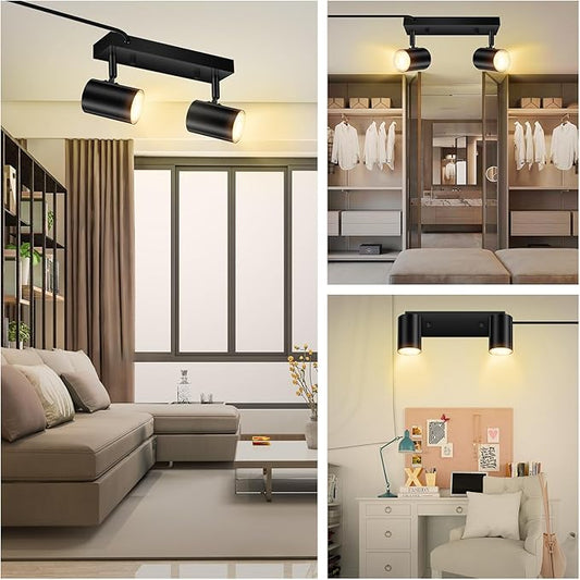 AUQUEE 2 Light Track Lighting Kit,Black 2 Way Modern Plug in Ceiling Spotlight,Industrial LED Wall Light for Kitchen Cabinet Gallery Bar Hallway Living Room,Rocker Switch,15 Foot Cord(No Bulb)