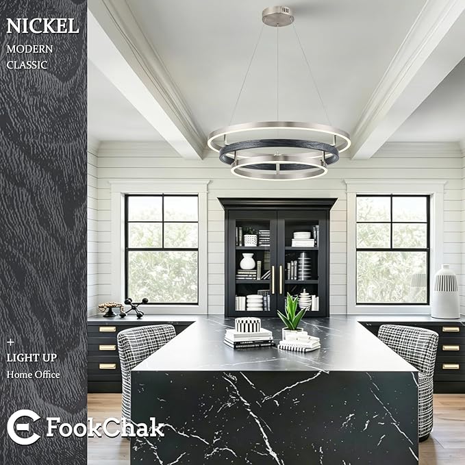 Modern LED Chandelier Black Wood Dimmable 3 Ring Brushed Nickel Chandeliers Light 24in Dining Room Chandeliers for Entryway Foyer Kitchen Island Living Room Study Room