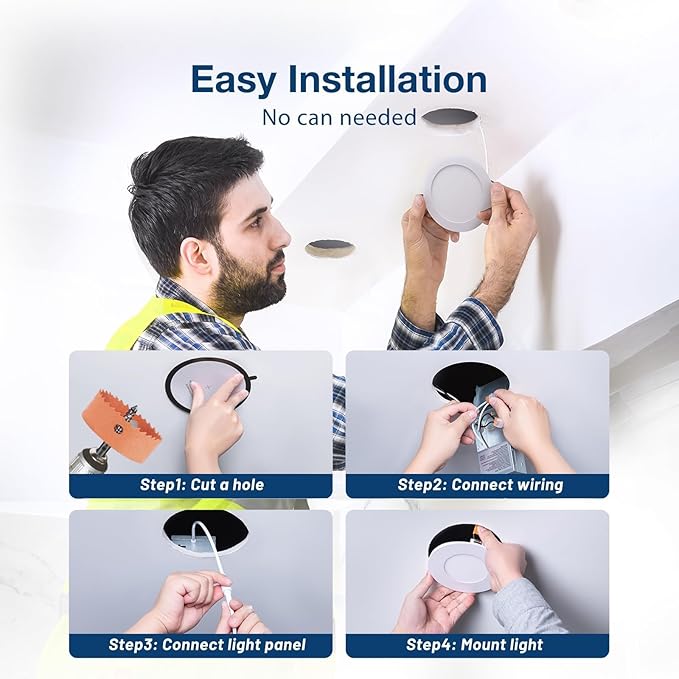 Amico 6 Pack 4 Inch 5CCT Ultra-Thin LED Recessed Ceiling Light with Junction Box, 2700K/3000K/3500K/4000K/5000K Selectable, 11W Eqv 70W 800LM Brightness Dimmable Canless Wafer Downlight, ETL & FCC