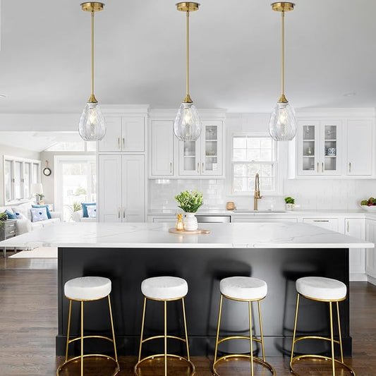 Brushed Gold Pendant Lights Kitchen Island 2 Pack, Modern Glass Pendant Light Fixtures with Hammered Glass and Rods, Adjustable Brass Hanging Light for Kitchen Sink Dining Room Bathroom