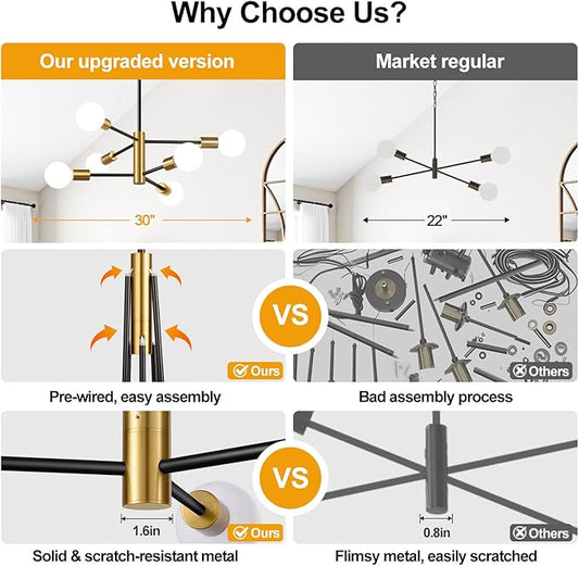 30" Chandelier Dining Room Light Fixture, 6-Light Modern Sputnik Chandeliers Brushed Gold and Black Mid Century Chandelier Over Table, Height Adjustable Chandeliers for Dining Room Living Room Kitchen