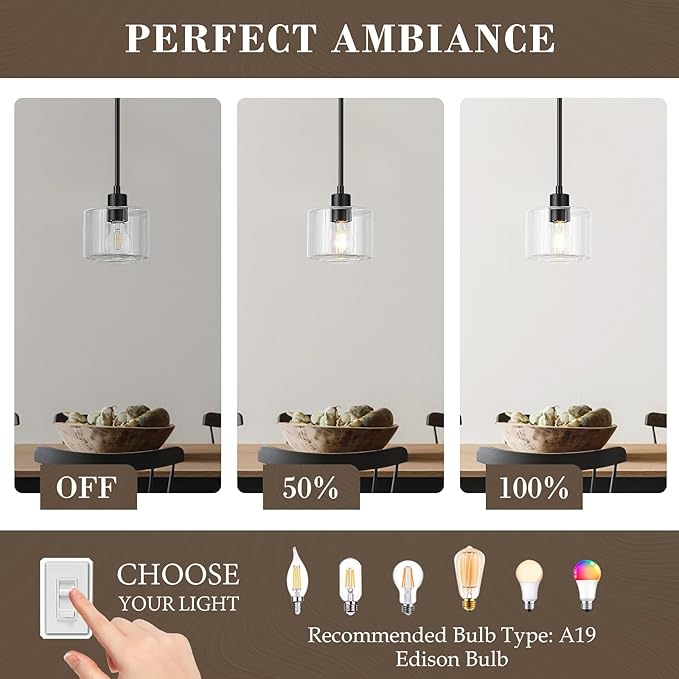 Black Pendant Lights Kitchen Island, 1-Light Modern Clear Glass Hanging Light Fixtures with Rods, Mini Kitchen Pendant Lighting Over Island for Sink Bathroom, OS-YQ8153-1PBKC