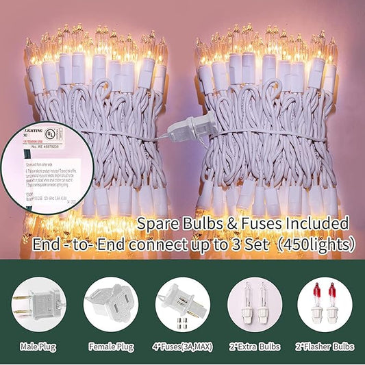 LAMPHOME Christmas Lights 2PACK 150count Mini Clear Lights White Wire Christmas Tree String Lights Set for Outdoor Indoor Christmas Decorations Wedding Valentines Day Decor,UL Certified (31.9ft X2)