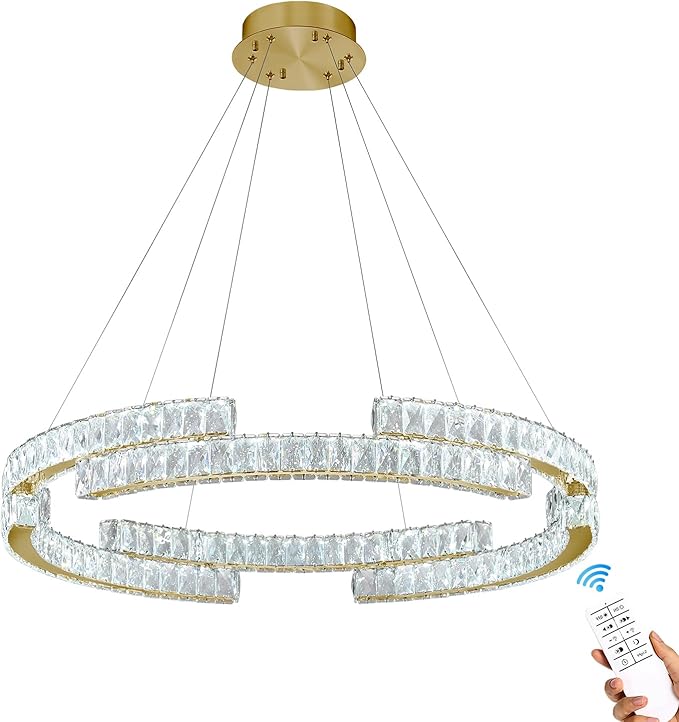 D24'' Modern Gold Crystal Ring Chandeliers for Living Room Dinning Room Crystal Pendant Light Dimmable 3000k-6000k