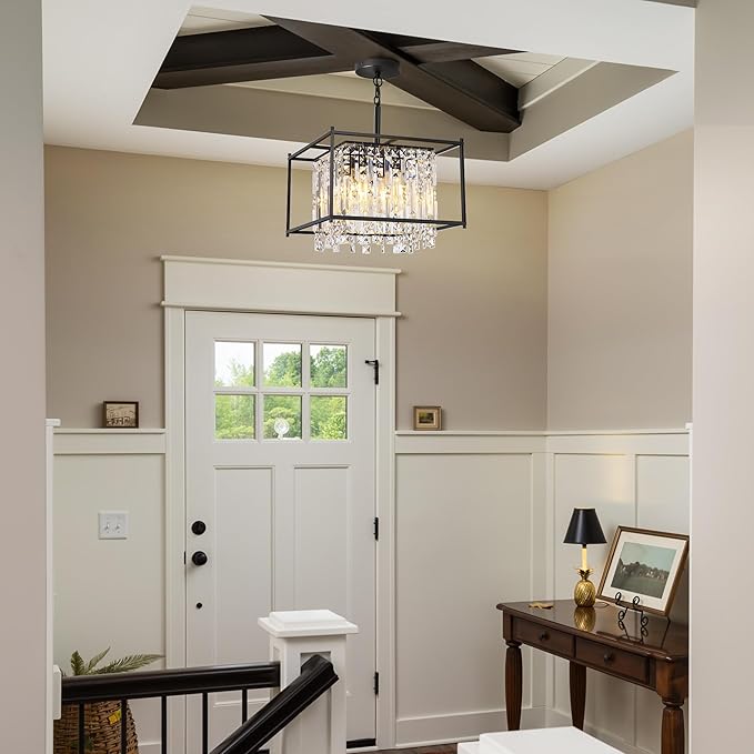 Miuyhji Black Chandeliers for Dining Room, Black Square Industrial Chandelier Crystal Pendant Light for Kitchen Island Dining Room Living Room Flat and Inclined Ceiling,L16 x W16 x H17.5
