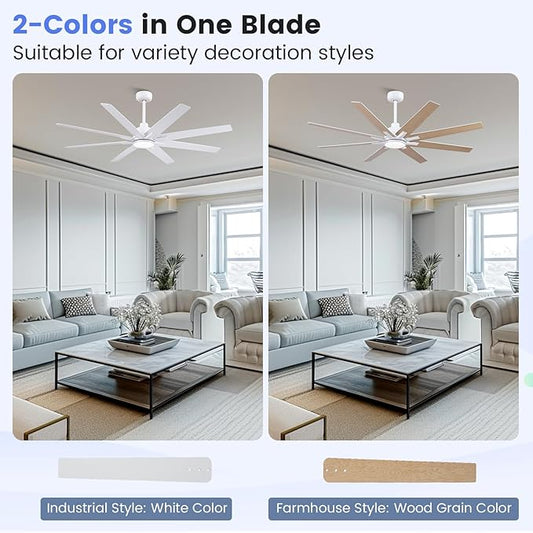 Newday 62 inch Large Ceiling Fans with Lights and Remote, Indoor/Outdoor White Ceiling Fan for Living Room Patio, 6 Speeds Slient Reversible DC Motor, 3CCT, Timer, 2 Downrods, 8 Blades