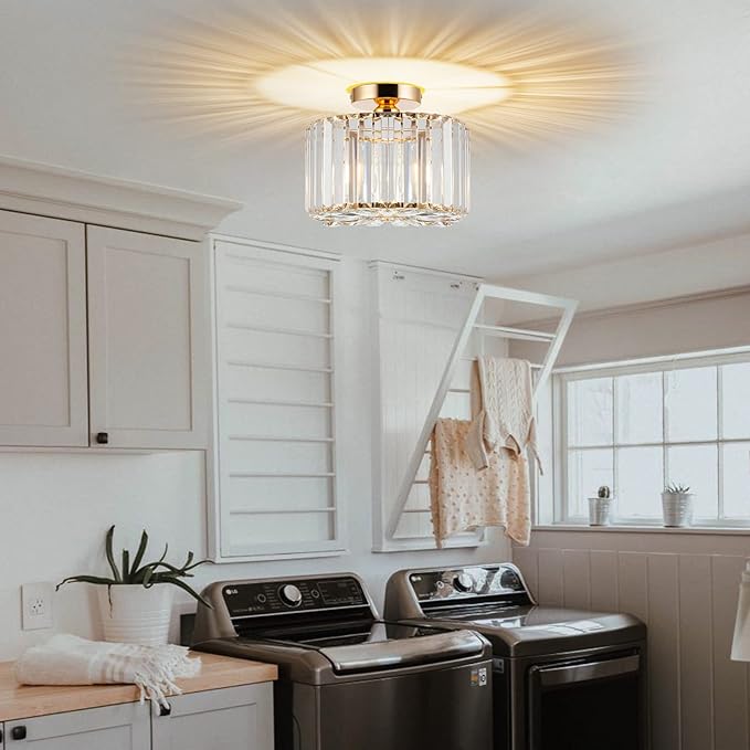 HOPGGIE 10.6 Inch Gold Chandelier Flush Mount Ceiling Light Mini Small Crystal Chandeliers Modern Hallway Light Fixtures Ceiling for Entryway Bedroom Bathroom Kitchen