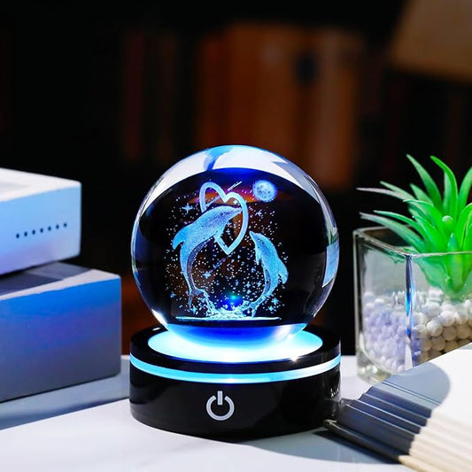 YWHL 3D Dolphin Figurines Crystal Ball with Colorful Light Base, Dolphin Gifts for Women Men on Birthday, Laser Engraved Glass Collectibles Sphere for Home Decor (80mm)