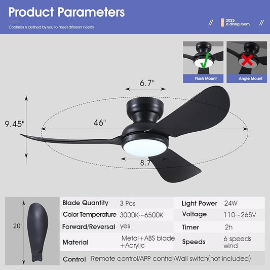 Kviflon 46 Inch Modern Ceiling Fans with Lights, Small Flush Mount Ceiling Fan with Light and Remote/APP Control, 3 Reversible Curved Blades, 6 Speeds, 3 CCT Dimmable Lights for Bedroom, Black