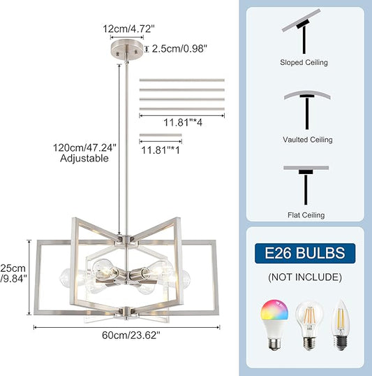 23.6”Brushed Nickel Chandelier for Dining Room 6 Light Kitchen Chandelier Modern Dining Room Light Fixtures Over Table, Hanging Pendant Light Fixture with Adjustable Height for Entryway, Foyer