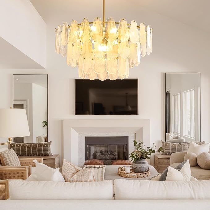 KELUOLY Modern Large Gold Chandeliers, D31.4 Inch Creative Cloud Glass Pendant Ceiling Fixture Lamp, 3 Tier Round Crystal Glass Chandelier, 12-Light for Living Room Bedroom Dining Room Entryway (E12)
