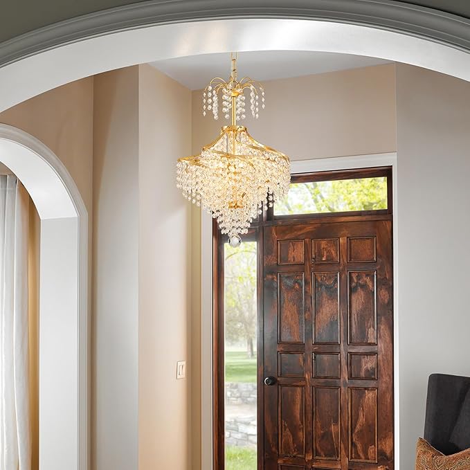 WUZUPS Clear Crystal Chandelier Pendant Flushmount Ceiling Light Modern Lighting Fixture for Bedroom Hallway Bar Kitchen Bathroom, H 20.1" x W 14.7", Gold, G9 Base