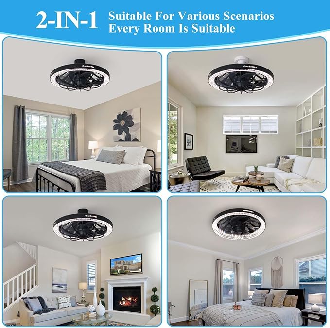 Socket Fan Light with Remote, 13 inch Socket Ceiling Fan with Dimmable Led Light, 3 Colors 3000K-6500K, 3 Speeds, Flush Mount Ceiling Fans with Lights for Bedroom, Kitchen, Living Room-Black