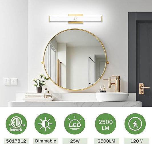 24 Inch Bathroom Vanity Light 2500LM, 5700K Daylight White Modern Bathroom Light Dimmable, AC 120V 25W Gold LED Vanity Lighting Fixtures Wall Sconce ETL Certified, 1Pack